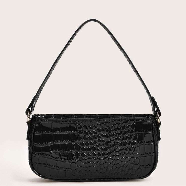 Women's Simplicity Black Classic Crocodile Pattern Shoulder Bag Zipper Underarm HandBag N20702