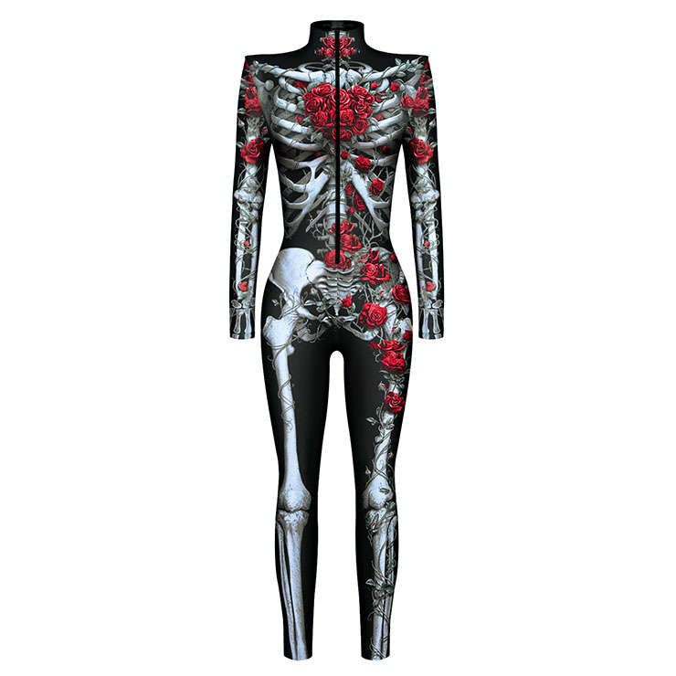 Red Rose Skeleton 3D Printed Unitard Humanoid High Neck Bodysuit Halloween Cosplay Costume N22333
