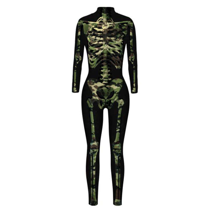 Sexy Camo Bone 3D Printed Unitard Skeleton High Neck Bodysuit Halloween Cosplay Costume N21396