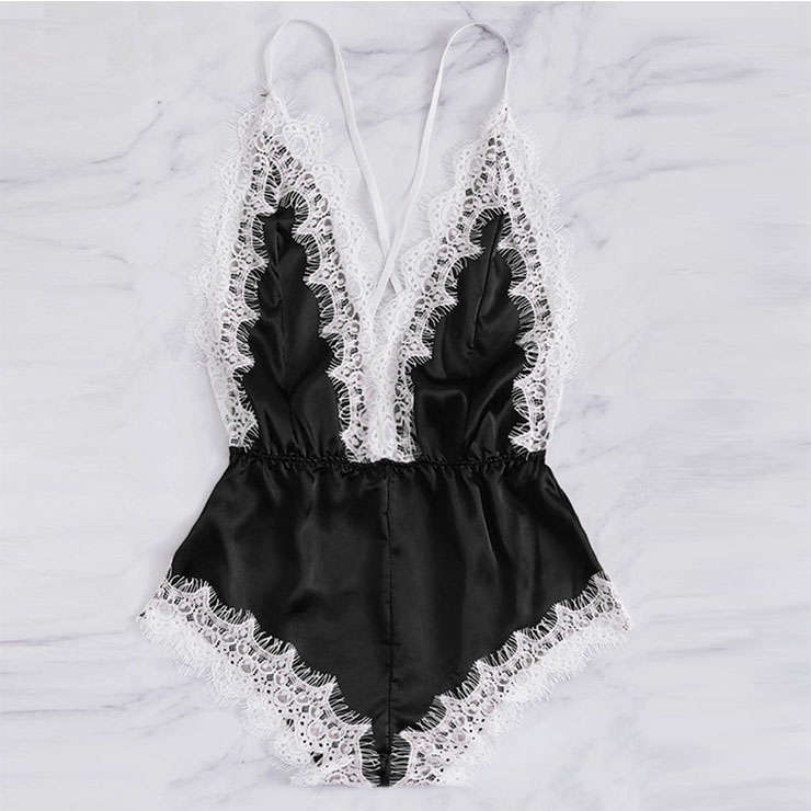 Sexy Black Satin Spaghetti Strap Deep-V Backless Lace Trim Bodysuit Teddy Lingerie N20645