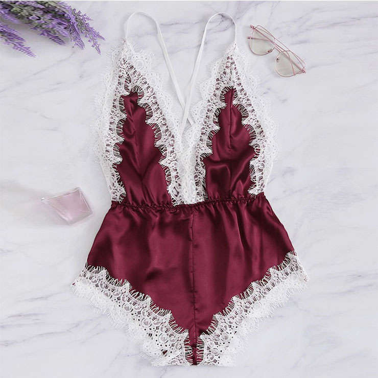 Sexy Wine-red Satin Spaghetti Strap Deep-V Backless Lace Trim Bodysuit Teddy Lingerie N20647