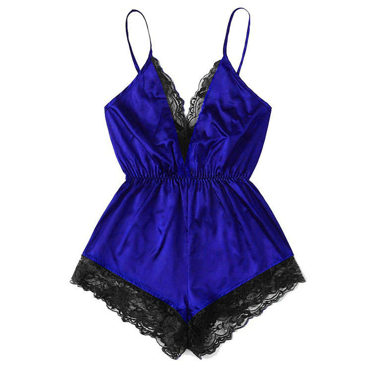 Sexy Royal-blue Satin Lace Trim Spaghetti Strap Backless Bodysuit Teddy Lingerie N20649