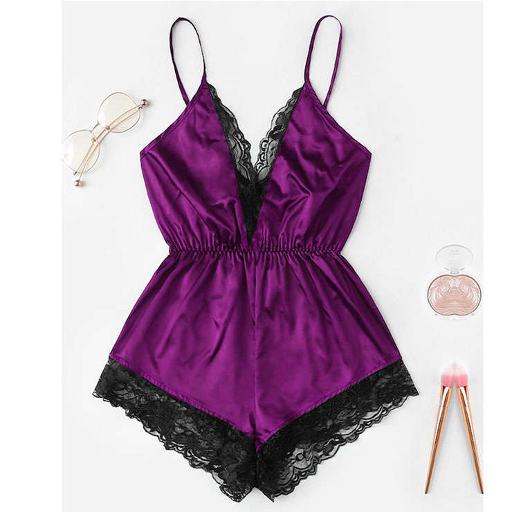 Sexy Purple Satin Lace Trim Spaghetti Strap Backless Bodysuit Teddy Lingerie N20650