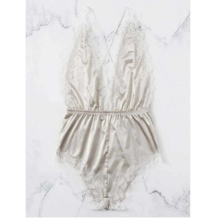 Sexy White Satin Spaghetti Straps Back Cross Low-cut Lace Trim Bodysuit Teddy Lingerie N20746