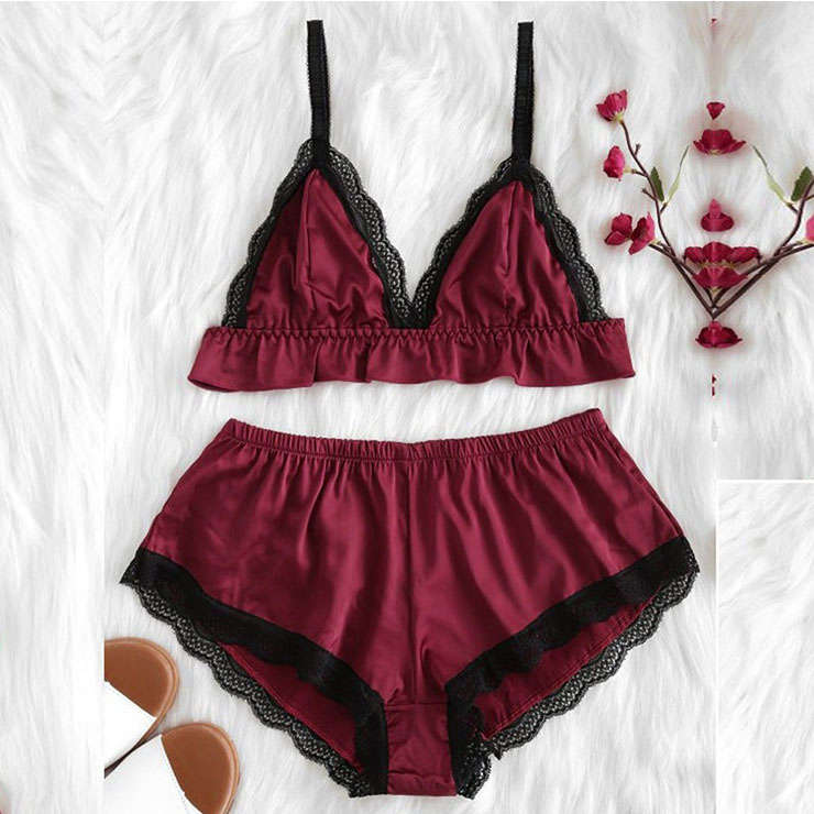 Sexy Wine-red Satin Spaghetti Strap Lace Trim Bra Top and Panty Lingerie Set N20659