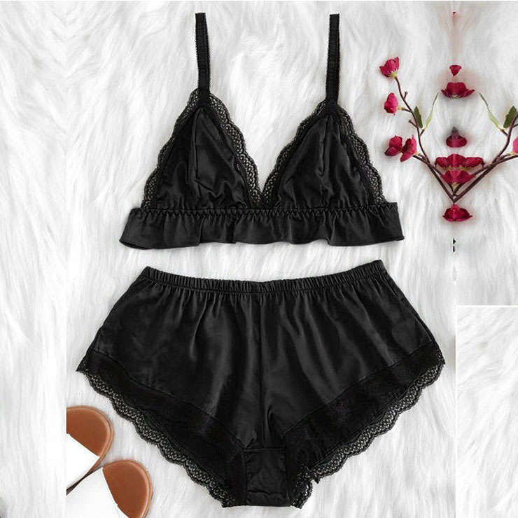 Sexy Black Satin Spaghetti Strap Lace Trim Bra Top and Panty Lingerie Set N20660