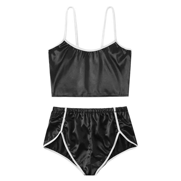 Sexy Black Satin Spaghetti Strap White Lines Camisole and Panty Two-piece Lingerie Set N21217
