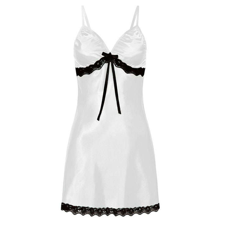 Sexy White Spaghetti Straps Low-cut Black Lace Trim Bow Babydoll Nightwear Lingerie N21222