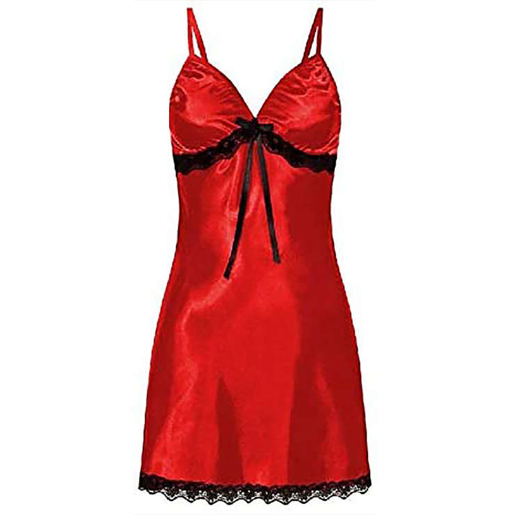 Sexy Red Spaghetti Straps Low-cut Black Lace Trim Bow Babydoll Nightwear Lingerie N21223