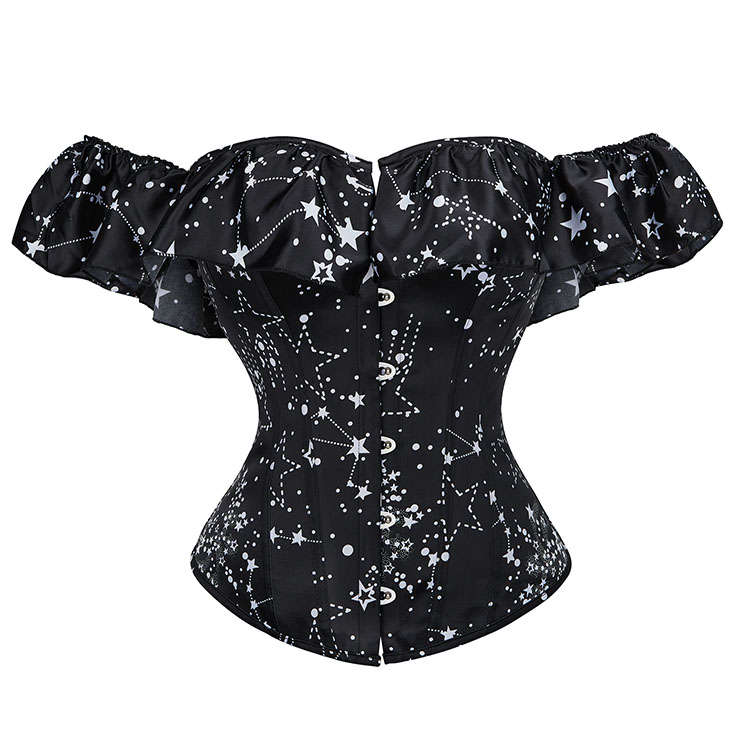 Gothic 12 Steel Boned Ruffles Off-shoulder Star Printed Strapless Body Shaper Overbust Corset N21647