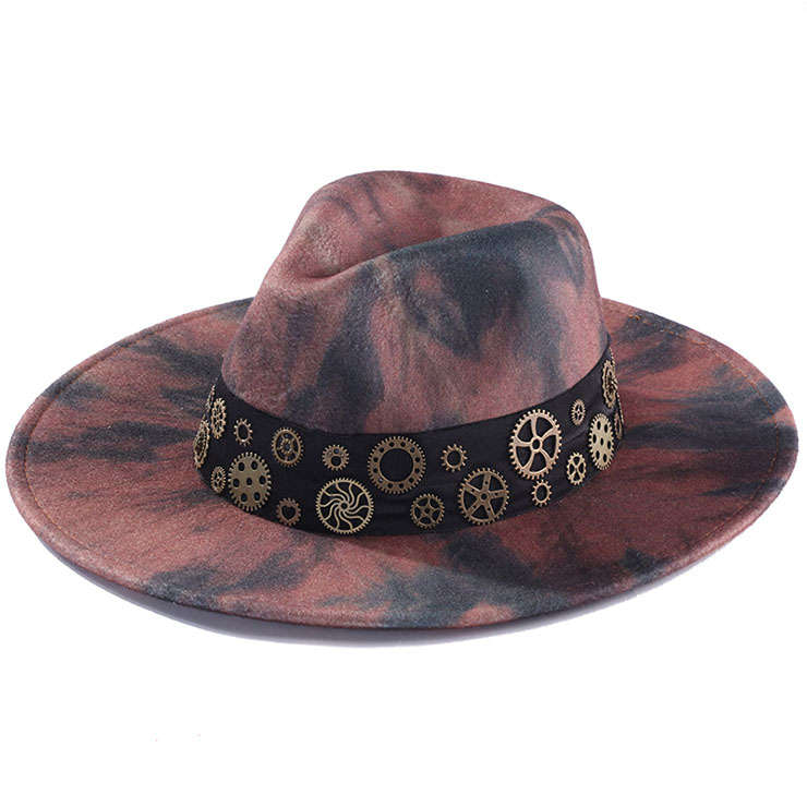 Steampunk Distressed Brown Gear Masquerade Halloween Costume Big Brimmed Hat J21220