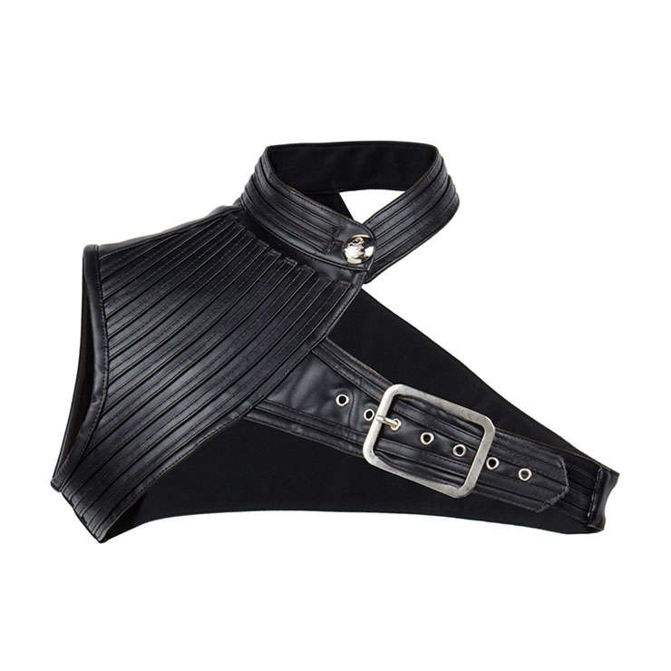 Women's Steampunk Black High Collar One-shoulder Leather Spiral Stripe Corset Shrug N20797