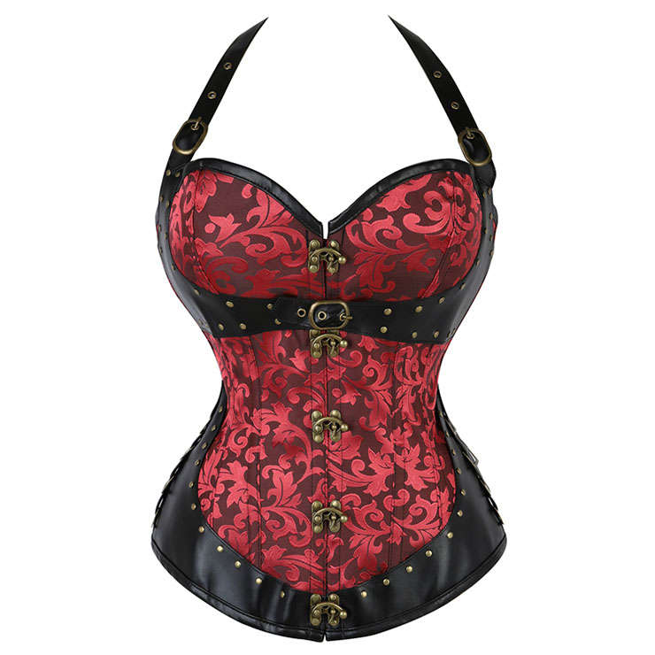Women's Steampunk Gothic Red Steel Boned Jacquard Halter Overbust Corset N20893