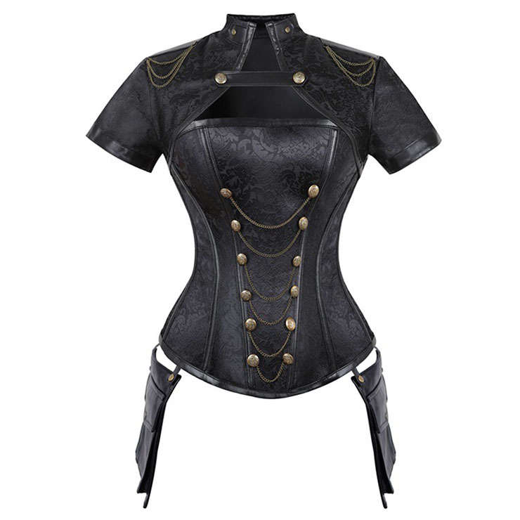 Steampunk Black High Neck Steel Boned Outerwear Corset With Short Sleeve Jacket N20890