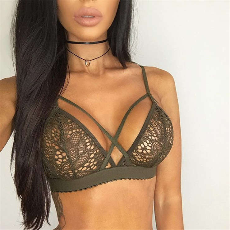 Sexy Army Green Strappy See-through Hollow Out Floral Lace Lingerie Bra N16459