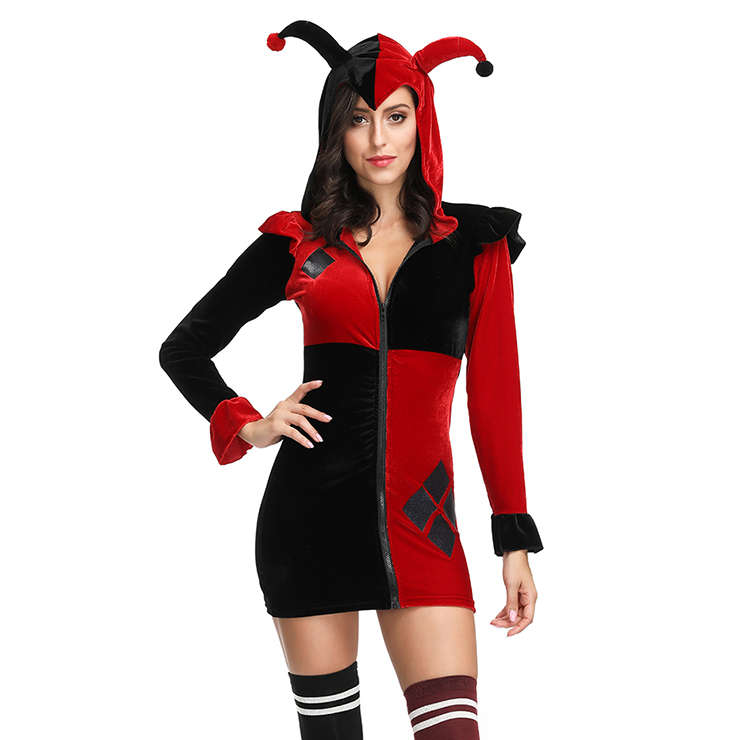 Adult Supervillain Harley Joker Black and Red Clown Hooded Mini Dress Costume N19124