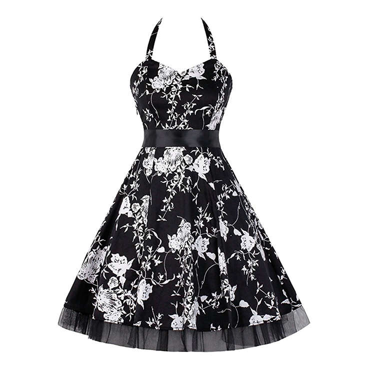 Vintage Sweetheart Neckline Halter Backless Floral  Print Casual Swing Knee-length Dress N14850