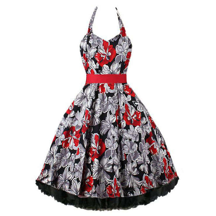 Vintage Sweetheart Neckline Halter Backless Floral Printed High Waist Casual Swing Midi Dress N21359