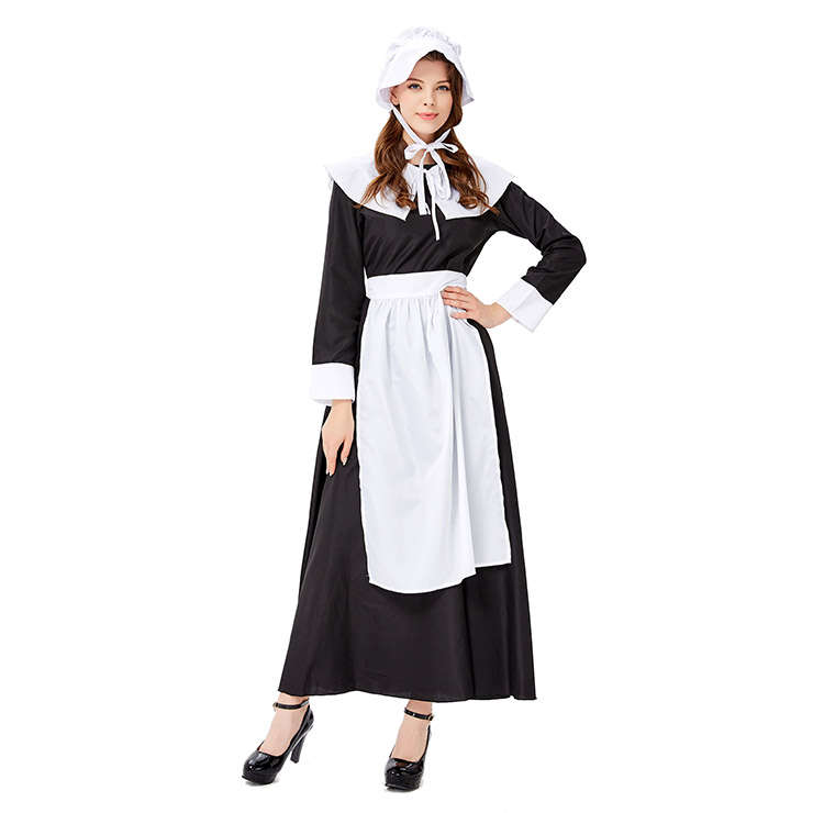 4pcs Traditional Housemaid Apron Long Dress Adult Halloween Cosplay Costume N19429