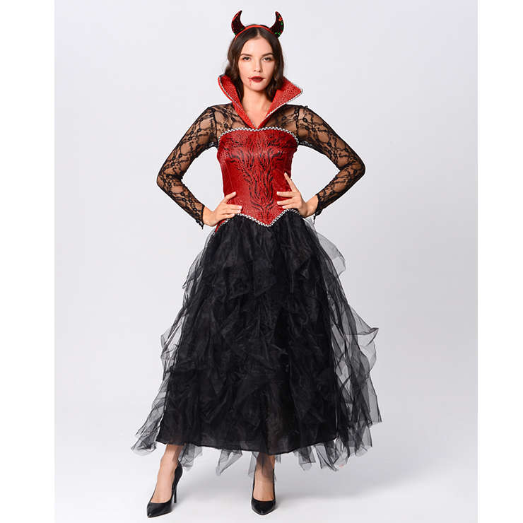 Gothic Devil Stand Collar Corset Sheer Lace and Mesh Long Gown Adult Vampire Costume N20164