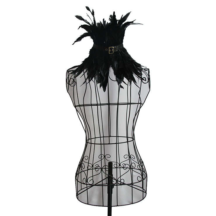 Victorian Gothic Black Feather Collar Scarf Leather Buckle Neckerchief Corset Accessories N20203
