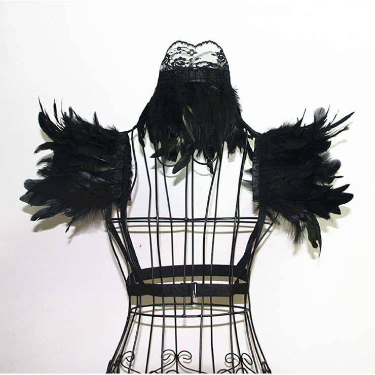 Victorian Gothic Black Feather Collar Scarf And Shoulder Armor Corset Accessories N20018