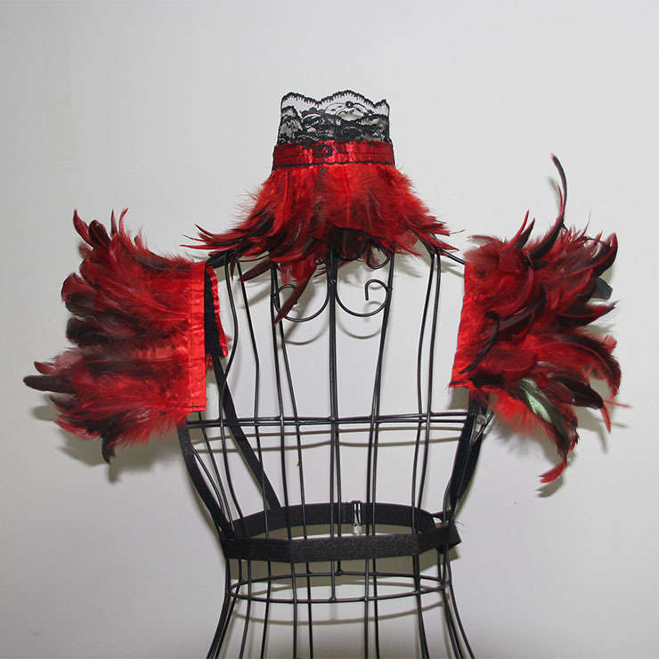 Victorian Gothic Red Feather Collar Scarf And Shoulder Armor Corset Accessories N20019