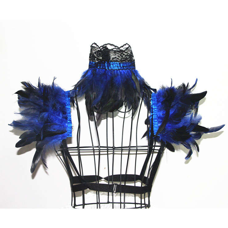 Victorian Gothic Blue Feather Collar Scarf And Shoulder Armor Corset Accessories N20020