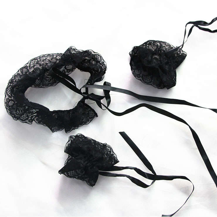 Victorian Gothic Black Floral Lace Wristband Lace-up Bracelet And Scarf J20216