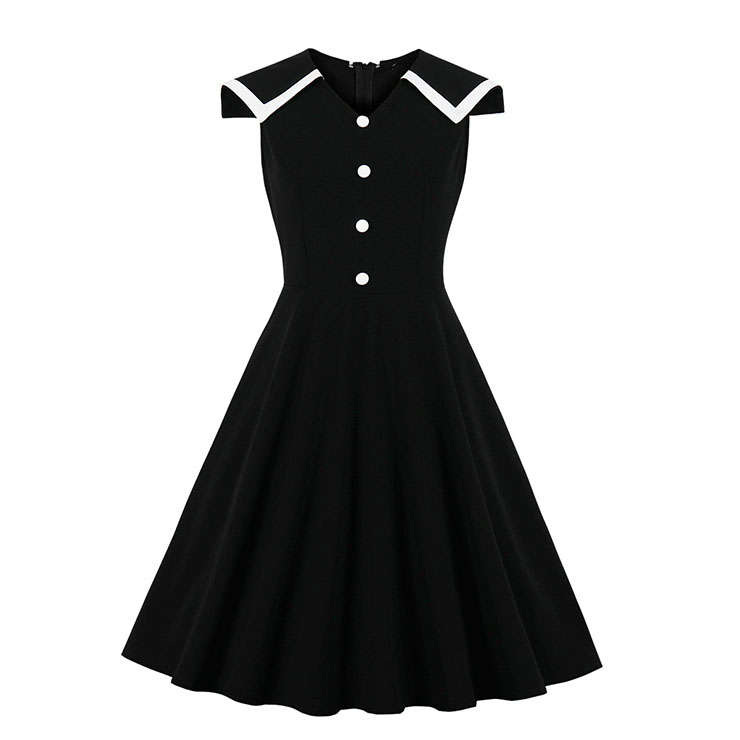 Vintage Black And White Lapel Short Sleeve High Waist Button Midi A-line Dress N19567