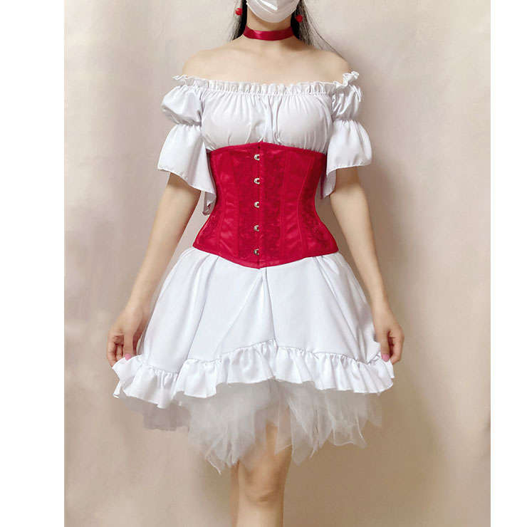 Vintage Spiral Steel Bone Embroidery Underbust Corset with Ruffle Off-shoulder High-low Dress N21921