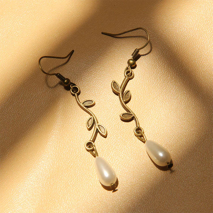 Vintage Elegant Bronze Metal Vine with White Artificial Pearl Drop Earrings J18440