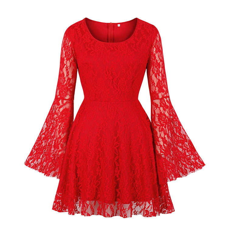 Sexy Gothic Style Solid Red Floral Lace Flared Sleeve High Waist Knee-length Dress N20827