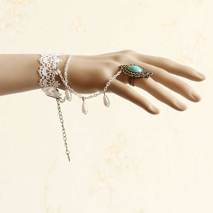 Vintage Floral Lace Wristband Beads Embellishment Bracelet with Ring J17828