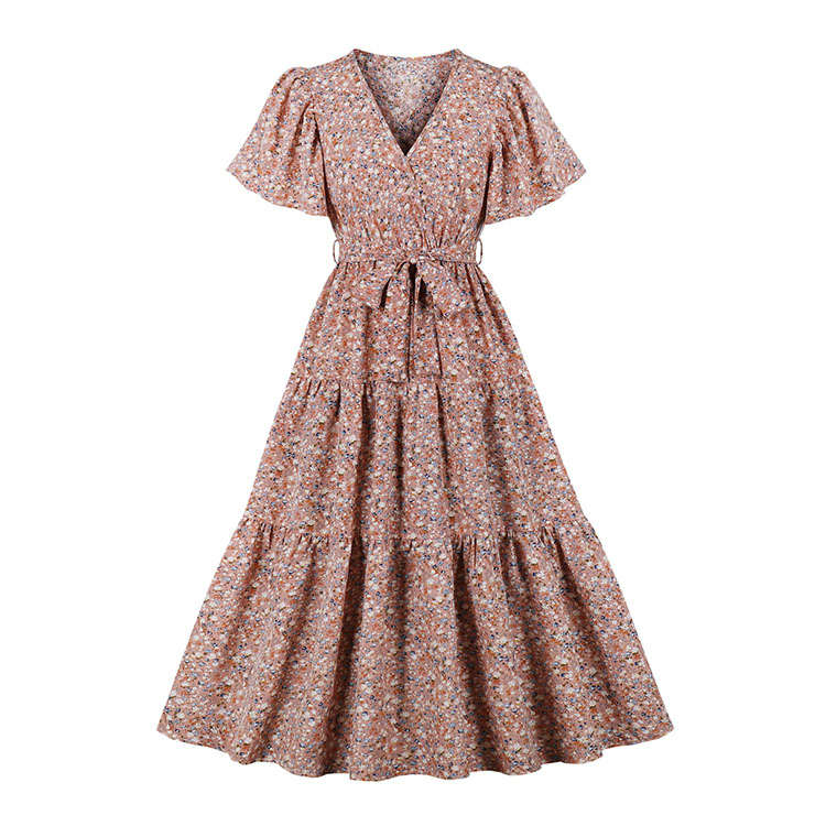 Vintage Floral Print Surplice Neckline Flare Sleeve Rockabilly Party Tiered Dress with Belt N22100