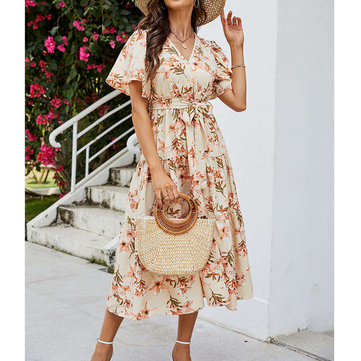 Vintage Floral Print Surplice Neckline Flare Sleeve Rockabilly Party Tiered Dress with Belt N22102