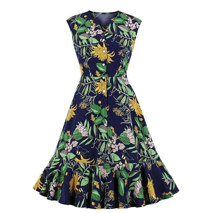 Vintage Floral Print V Neck Front Button Sleeveless High Waist Cocktail Party Swing Dress N20939