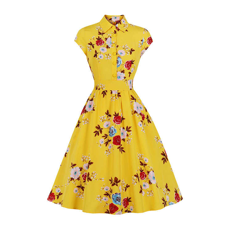 Vintage Floral Print Lapel Short Sleeve Button Bodice High Waist Office Lady Daily Midi Dress N22071