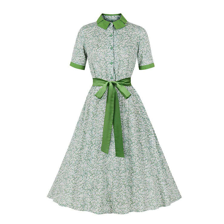 Vintage Floral Print Lapel Short Sleeve Button Bodice Belted Office Lady Daily Midi Dress N22073