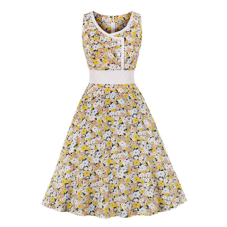 Vintage Floral Print Round Neckline Sleeveless Buttons High Waist Rockabilly A-line Dress N22094