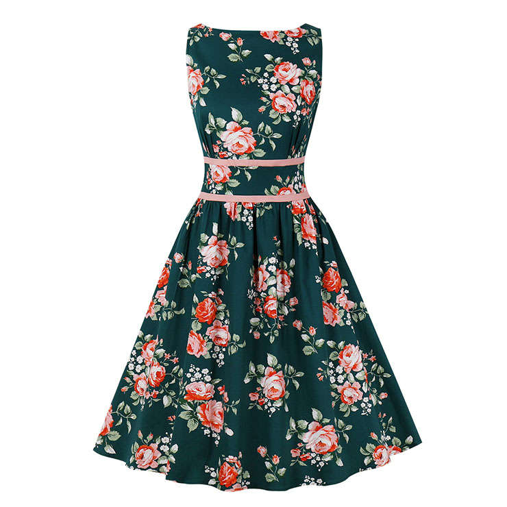 Retro Floral Print Round Neckline Sleeveless High Waist Cocktail Party Swing Dress N22061
