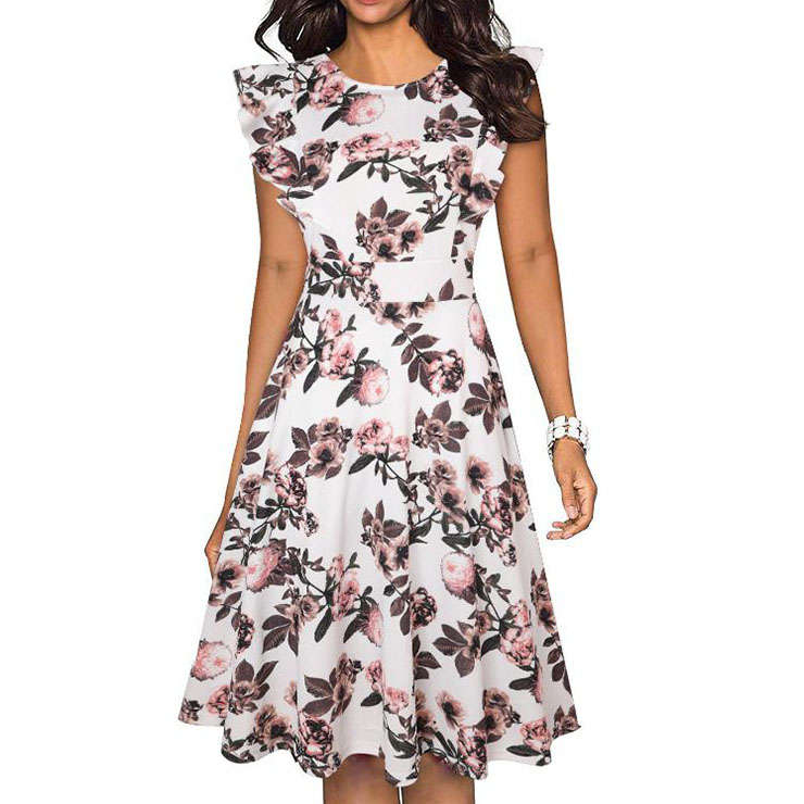 Vintage Floral Print Round Neck Flying Sleeves High Waist OL Swing Midi Dress N21363