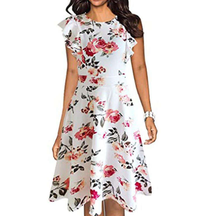 Vintage Floral Print Round Neck Flying Sleeves High Waist Summer Cocktail Swing Dress N21364
