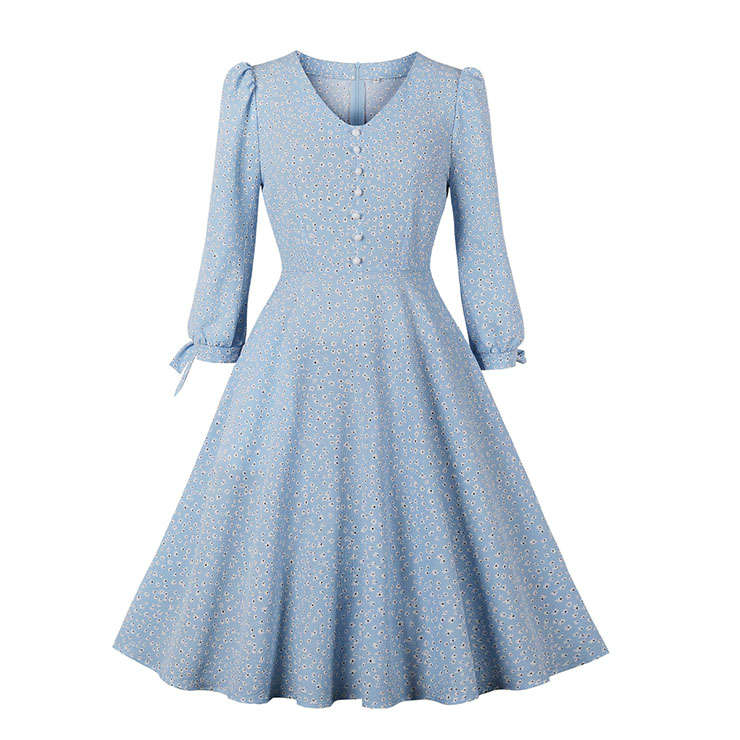Vintage Floral Print V Neckline 3/4 Sleeve Front Button High Waist Tea Party Midi Dress N21587