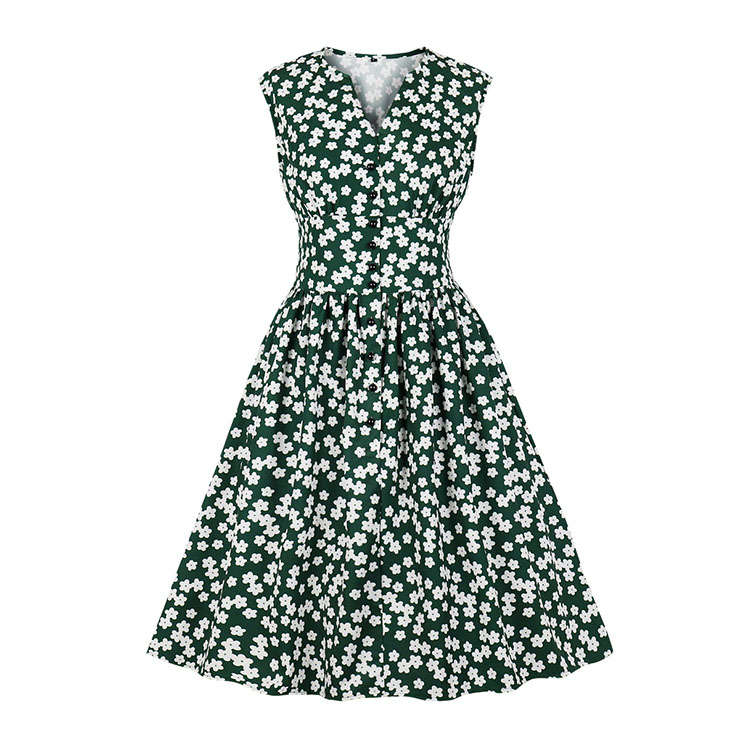 Vintage Dark-green Floral Print V Neck Sleeveless Front Button High Waist Swing Dress N19072