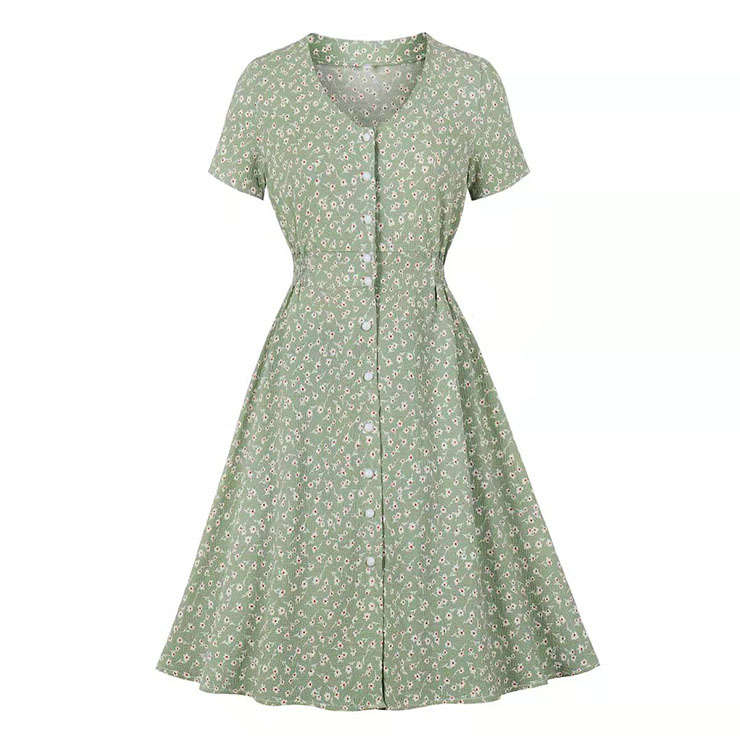 Vintage Floral Print V Neckline Short Sleeves Front Button High Waist Summer Swing Dress N21720