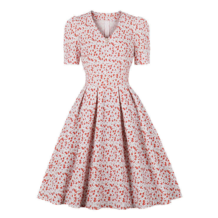 Vintage Floral Print V Neckline Short Sleeves High Waist Summer Tea Party A-line Dress N21721