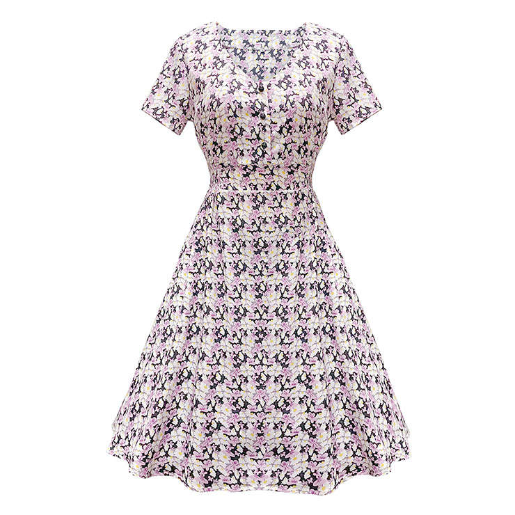 Fashion Floral Print V Neckline Short Sleeves High Waist Summer Casual A-line Dress N21725