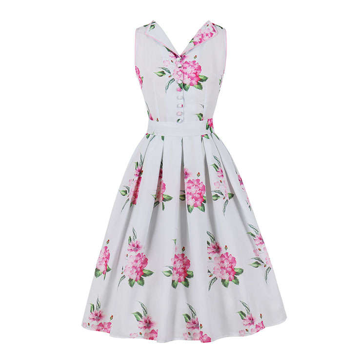 1950s Retro Floral Print Lapel Sleeveless Button Bodice High Waist Summer Cocktail Midi Dress N21856