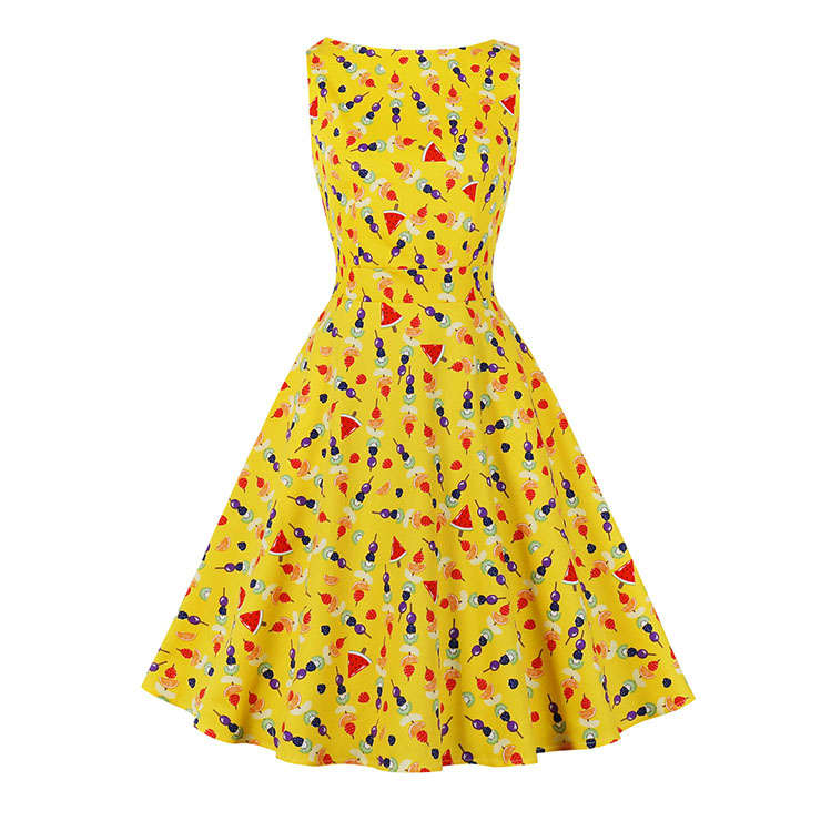 Retro Rockabilly Fruits Print Round Neckline Sleeveless High Waist Summer Swing Dress N21864